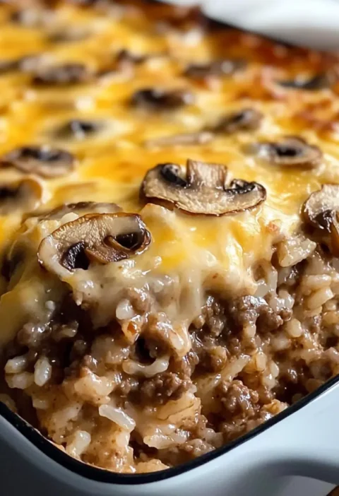 Cremiger Rindfleisch-Pilz-Reisauflauf