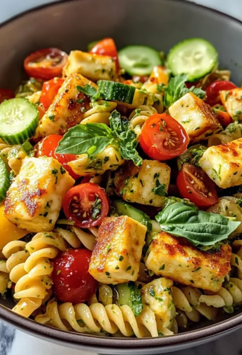 Farbenfroher Halloumi Pasta Salat