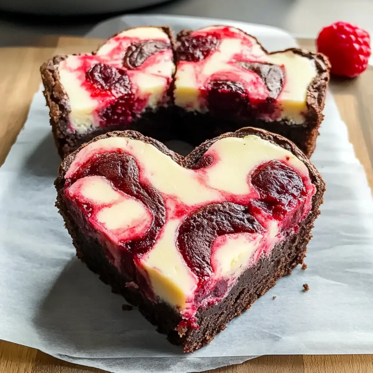 Herzförmige Brownies mit Cheesecake und Himbeeren 3 Heart Shaped Brownies kfcd8o