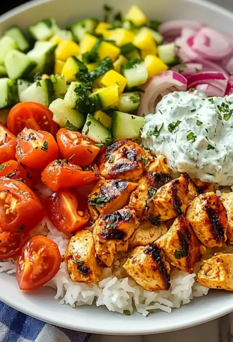 Instant-Pot-Hähnchen-Souvlaki-Reis mit griechischem Salat und Tzatziki