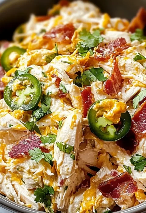 Jalapeño-Popper-Hähnchensalat Rezept Zutaten: - 2 Tassen gekochtes Hähnchen, gewürfelt - 1 Tasse Frischkäse, weich - 1/2 Tasse geriebener Cheddar-Käse - 1/4 Tasse saure Sahne - 1/4 Tasse eingelegte Jalapeños, gehackt - 1/4 Tasse grüne Zwiebeln, gehackt - Salz und Pfeffer nach Geschmack - 1 Tasse zerbröselte Tortilla-Chips Anleitung: 1. In einer großen Schüssel das gekochte Hähnchen, Frischkäse, Cheddar-Käse, saure Sahne, Jalapeños und grüne Zwiebeln gut vermengen. 2. Mit Salz und Pfeffer würzen. 3. Die Mischung in eine Servierschüssel geben und mit den zerbröselten Tortilla-Chips garnieren. 4. Am besten kalt servieren.