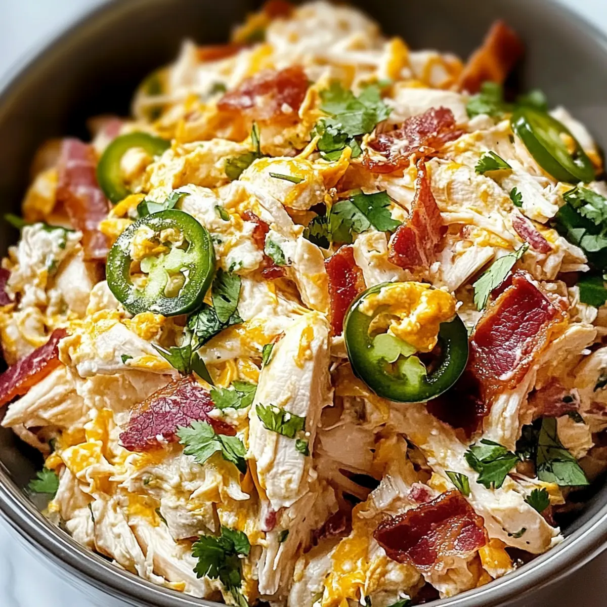 Jalapeño-Popper-Hähnchensalat Rezept für Genießer 5 Jalapeño-Popper-Hähnchensalat Rezept Zutaten: - 2 Tassen gekochtes Hähnchen, gewürfelt - 1 Tasse Frischkäse, weich - 1/2 Tasse geriebener Cheddar-Käse - 1/4 Tasse saure Sahne - 1/4 Tasse eingelegte Jalapeños, gehackt - 1/4 Tasse grüne Zwiebeln, gehackt - Salz und Pfeffer nach Geschmack - 1 Tasse zerbröselte Tortilla-Chips Anleitung: 1. In einer großen Schüssel das gekochte Hähnchen, Frischkäse, Cheddar-Käse, saure Sahne, Jalapeños und grüne Zwiebeln gut vermengen. 2. Mit Salz und Pfeffer würzen. 3. Die Mischung in eine Servierschüssel geben und mit den zerbröselten Tortilla-Chips garnieren. 4. Am besten kalt servieren.