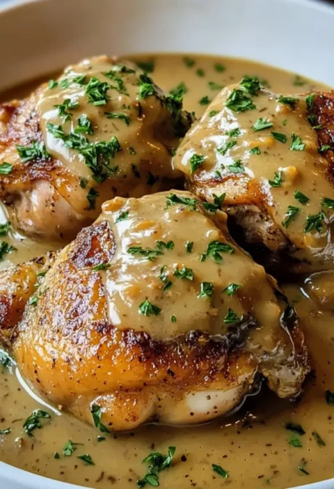 Scharf angebratene Hähnchenschenkel mit cremiger Soße Rezept