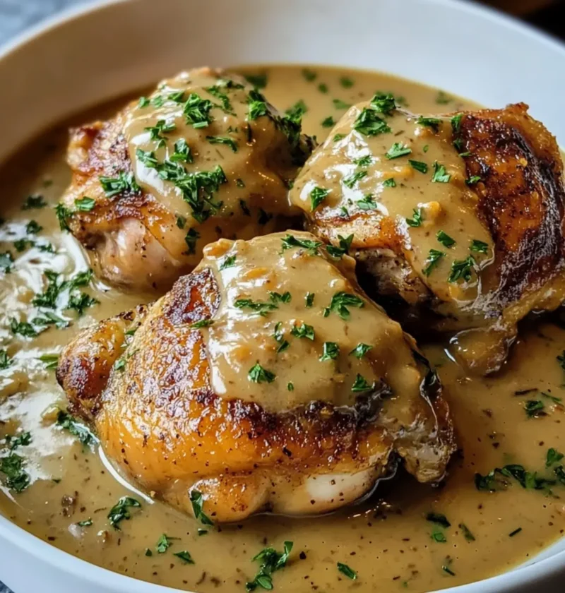 Scharf angebratene Hähnchenschenkel mit cremiger Soße 1 Scharf angebratene Hähnchenschenkel mit cremiger Soße Rezept