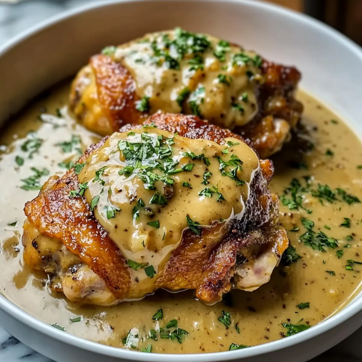 Scharf angebratene Hähnchenschenkel mit cremiger Soße 2 Smothered Chicken Thighs with Creamy Gravy Recipe sdpdms